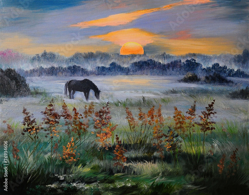 Oil painting of field at sunset, art work