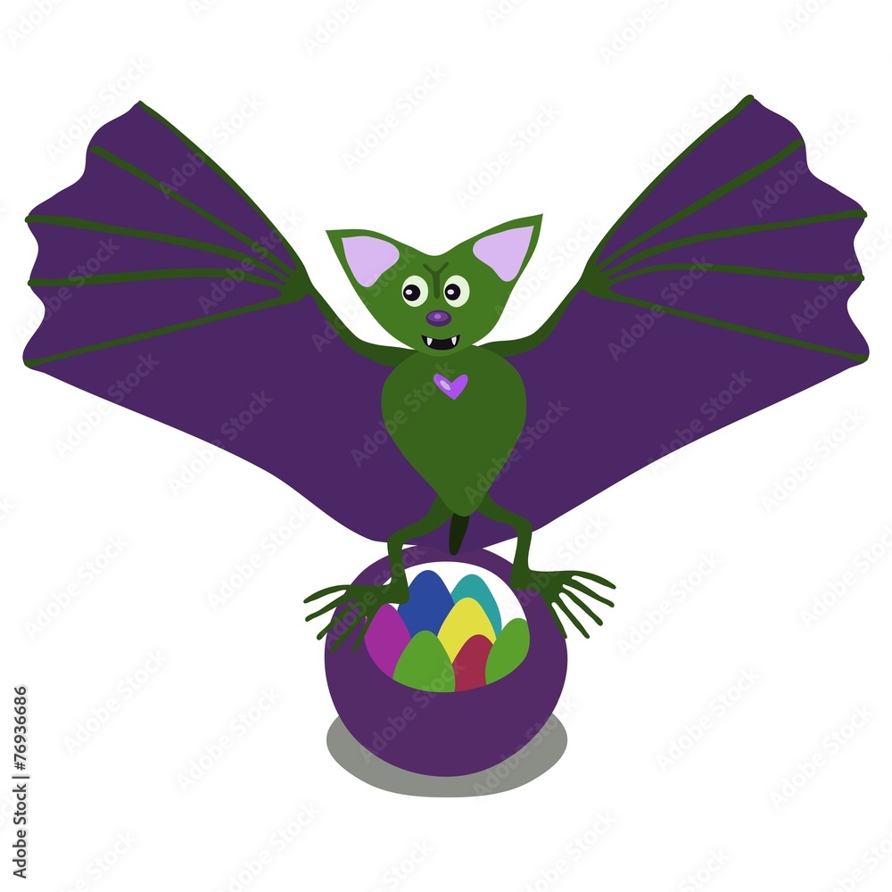 Fototapeta Bat flapping its green wings over a basket of easter eggs.