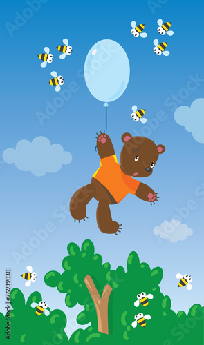Obraz na plátně Little bear with balloon and bees