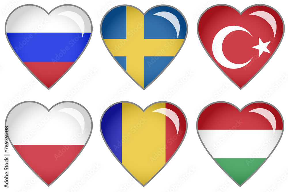 Set of hearts with national flag motive Set of hearts with national flag motive