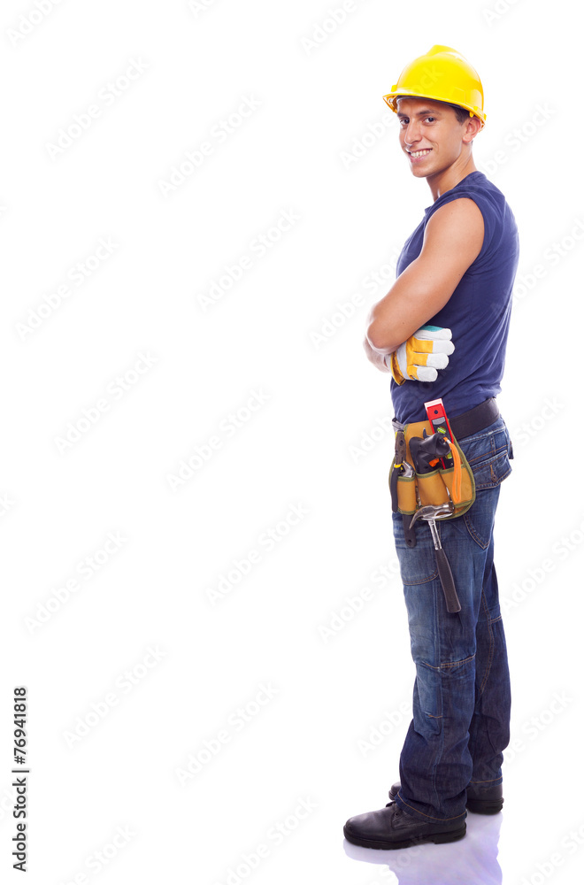 Full body portrait of a smiling worker, isolated on white backgr Full body portrait of a smiling worker, isolated on white backgr