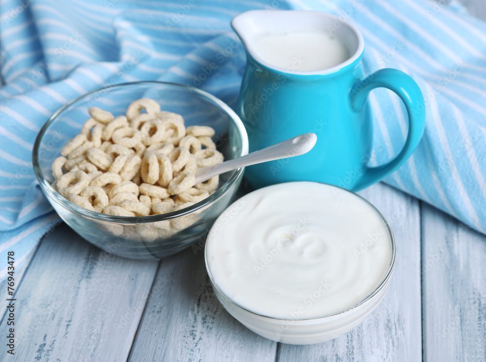 Homemade yogurt and delicious cereals in bowl Homemade yogurt and delicious cereals in bowl