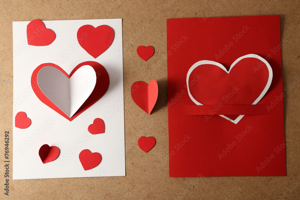 Beautiful hand made post cards  with paper hearts