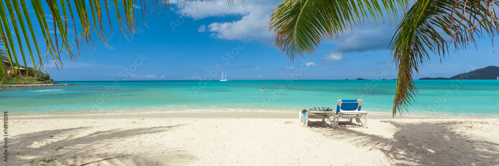 Tropical white sand beach background, caribbean island, hot summer day on the beach
