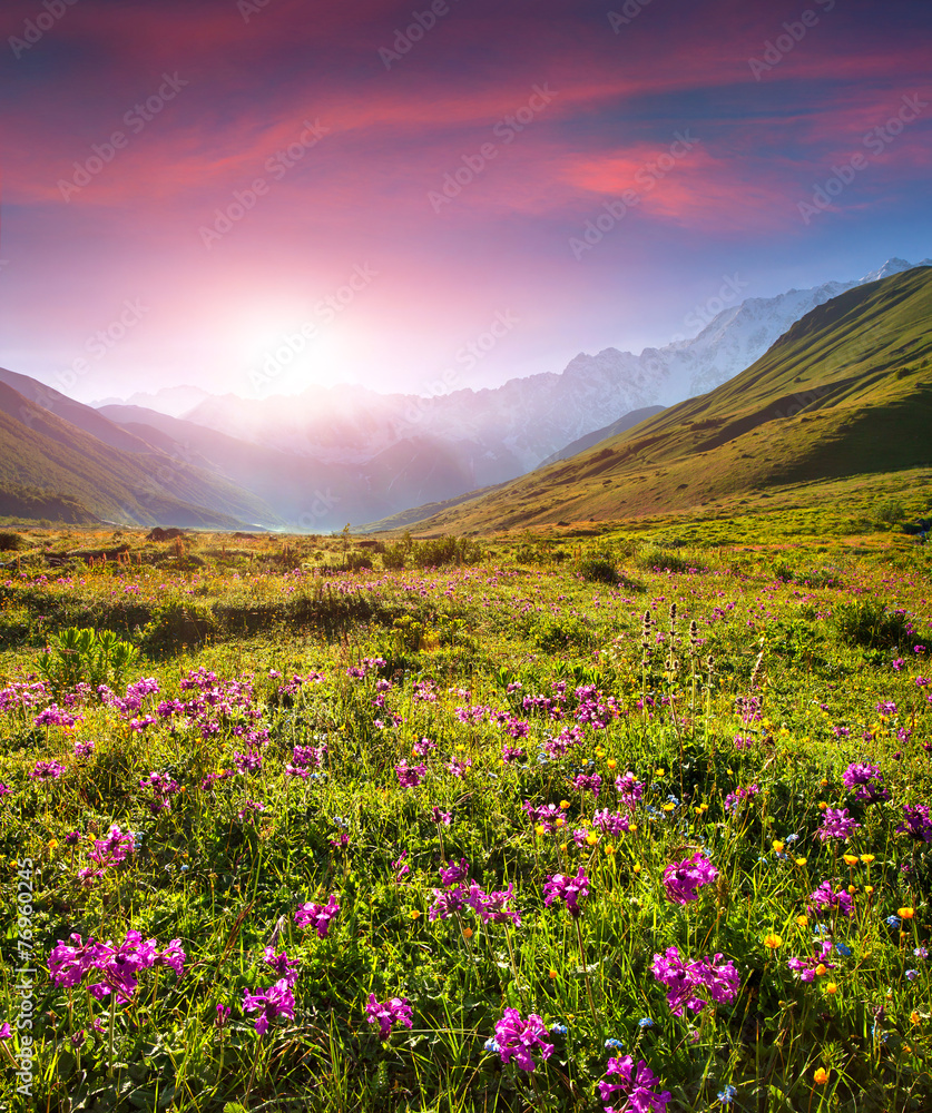 Colorful summer sunrise in the Caucasian mountains