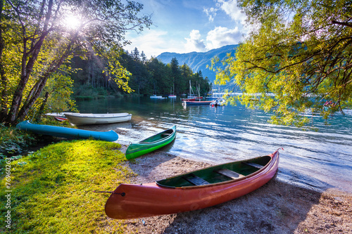 Bohinj Lake with boats, Triglav National Park