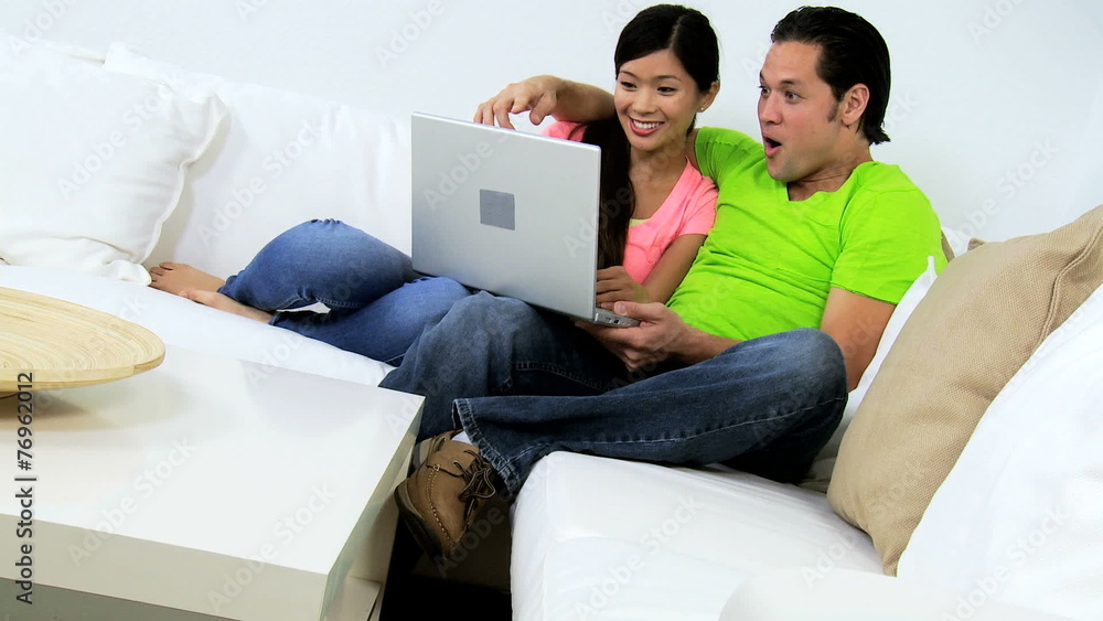Ethnic Male Female Home Couch Laptop Success Ethnic Male Female Home Couch Laptop Success