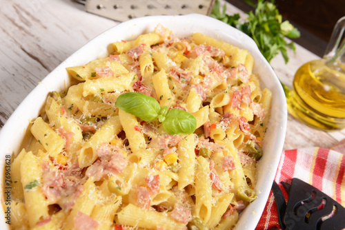 Penne pasta casserole with cheese  ham and corn