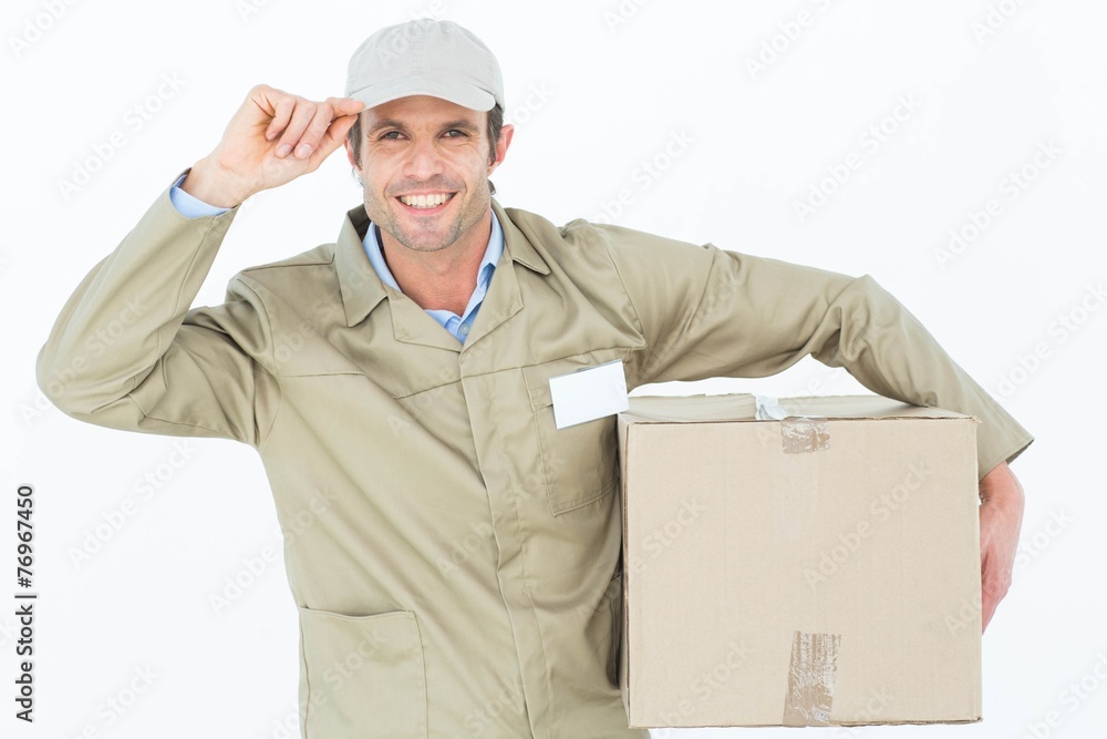 Confident delivery man carrying cardboard box Confident delivery man carrying cardboard box