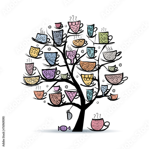 Art tree with mugs and cups. Sketch for your design