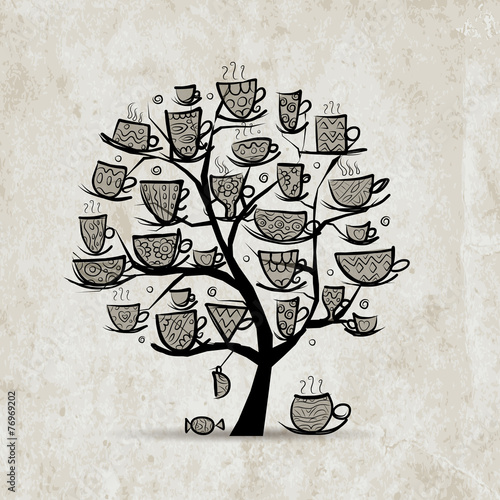 Art tree with mugs and cups. Sketch for your design