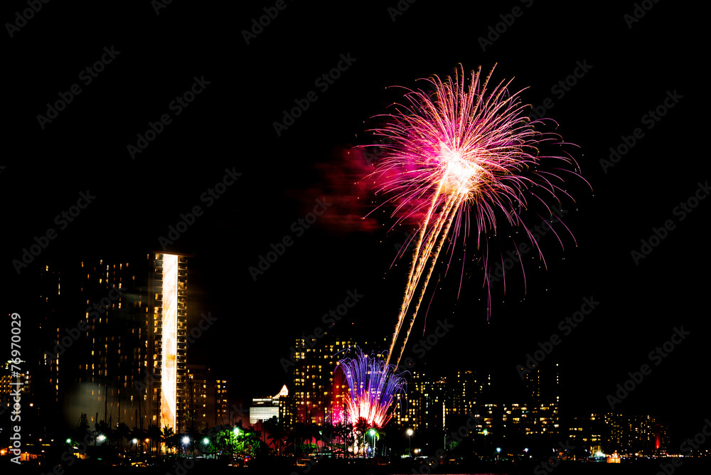 Fireworks in Waikiki in Honolulu, Hawaii, USA Fireworks in Waikiki in Honolulu, Hawaii, USA