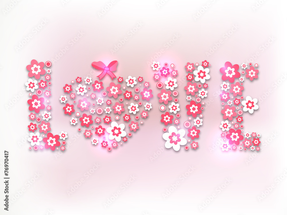 Pink flowers decorated text Love for Valentines Day celebration.