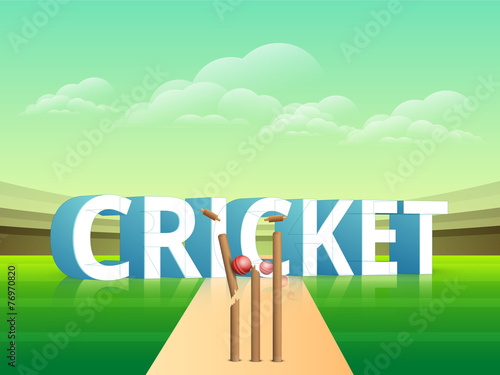 3D text Cricket and ball hitting the wicket stumps on stadium.