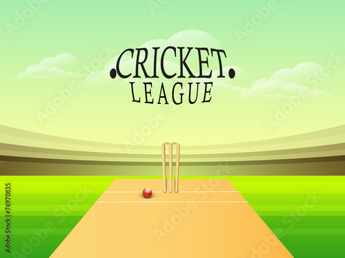View of Cricket stadium with wicket stumps and red ball.