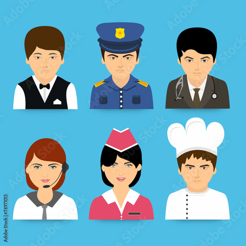 Set of different professions avatars on blue background.