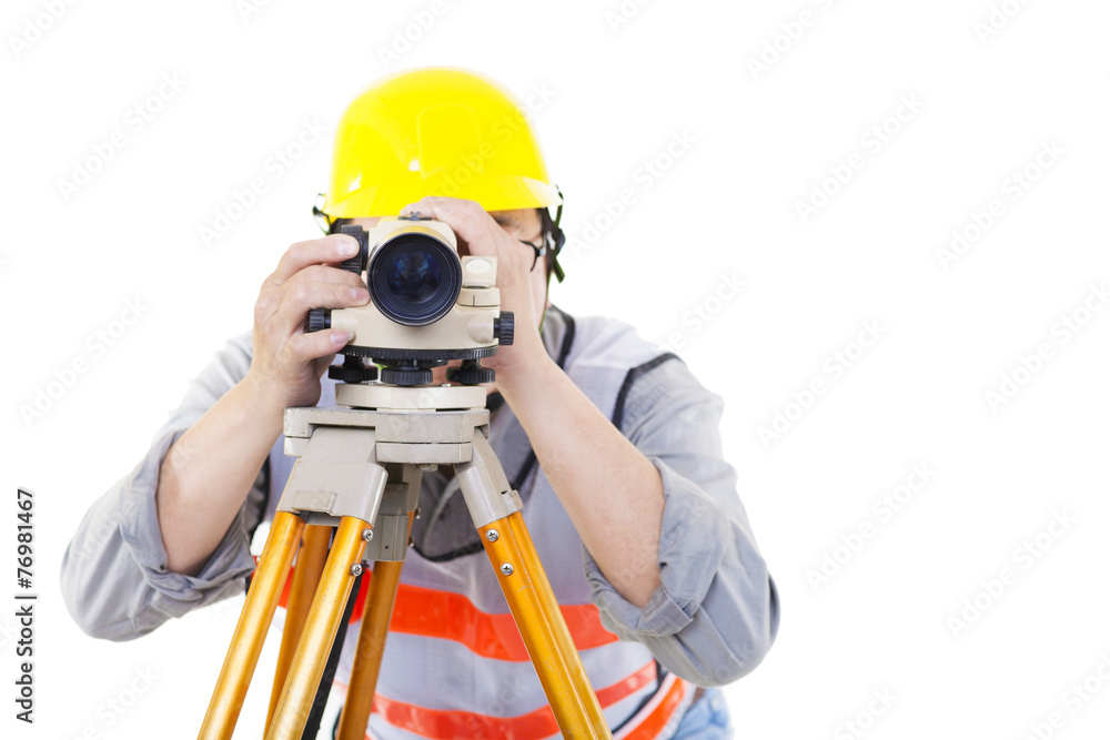 Surveyor worker making measurement and isolated on white Surveyor worker making measurement and isolated on white