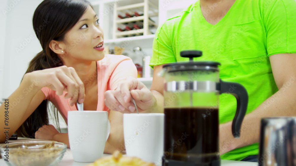 Close Up Ethnic Couple Kitchen Counter Breakfast Coffee Close Up Ethnic Couple Kitchen Counter Breakfast Coffee