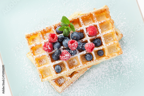Fresh homemade brussels waffle with berries