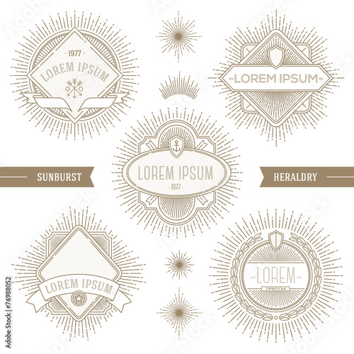Set of line heraldic emblems and  labels with sunburst rays