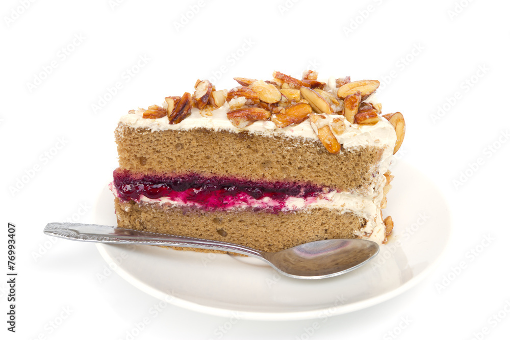 Coffee almond cake isolated on white background Coffee almond cake isolated on white background