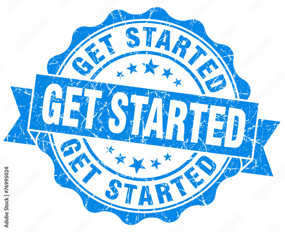 get started blue grunge seal isolated on white get started blue grunge seal isolated on white