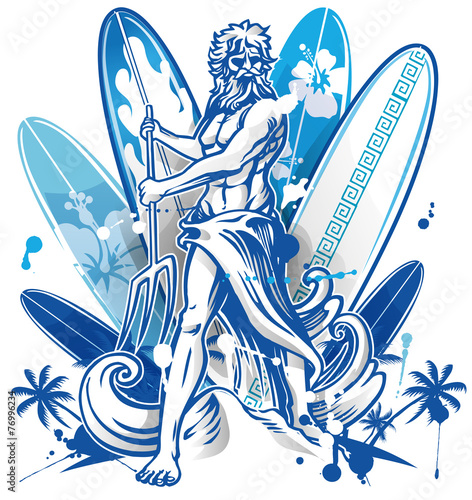 poseidon surfer on surfboard background