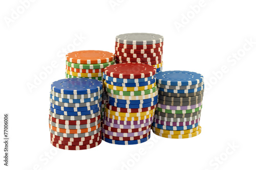 Stacks of casino chips on a white background
