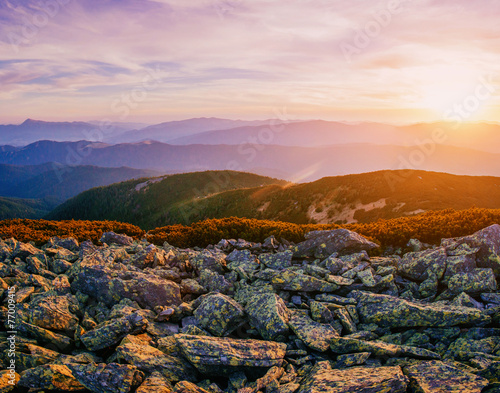 Fantastic sunset in the mountains of Ukraine. Beauty world.
