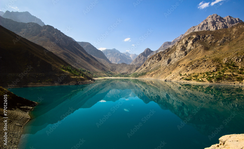 blue mountain lake reflects high rocks