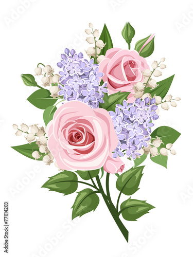 Fototapeta Naklejka Na Ścianę i Meble -  Bouquet with pink roses, lily of the valley and lilac flowers.
