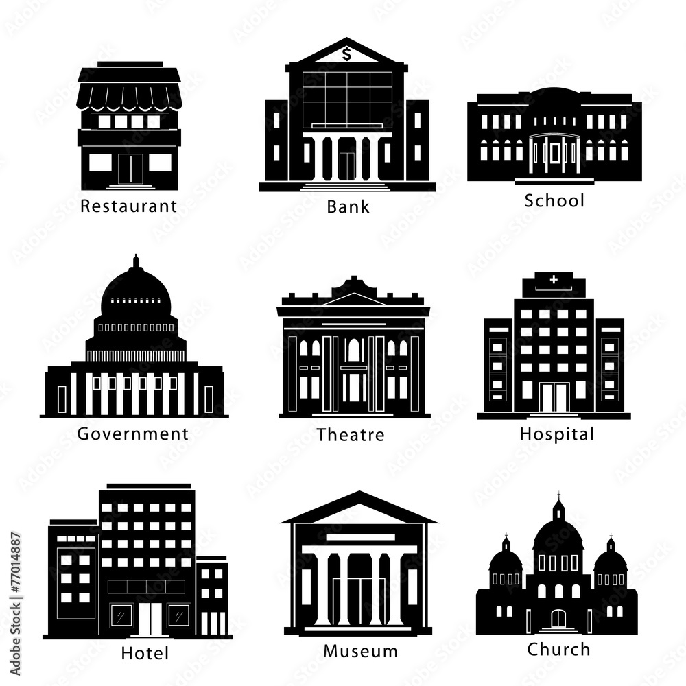 Building icons set of government, museum, theater, hospital