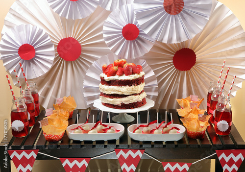 Valentine's Day party table with red velvet cake