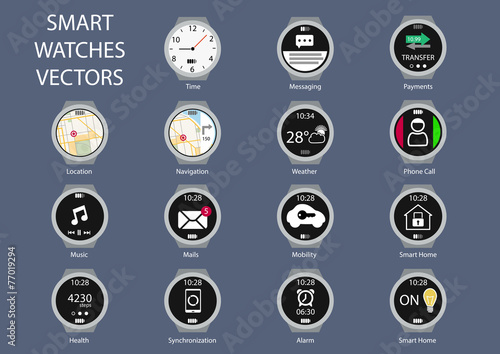 Flat design vector illustration of smart watch clock faces