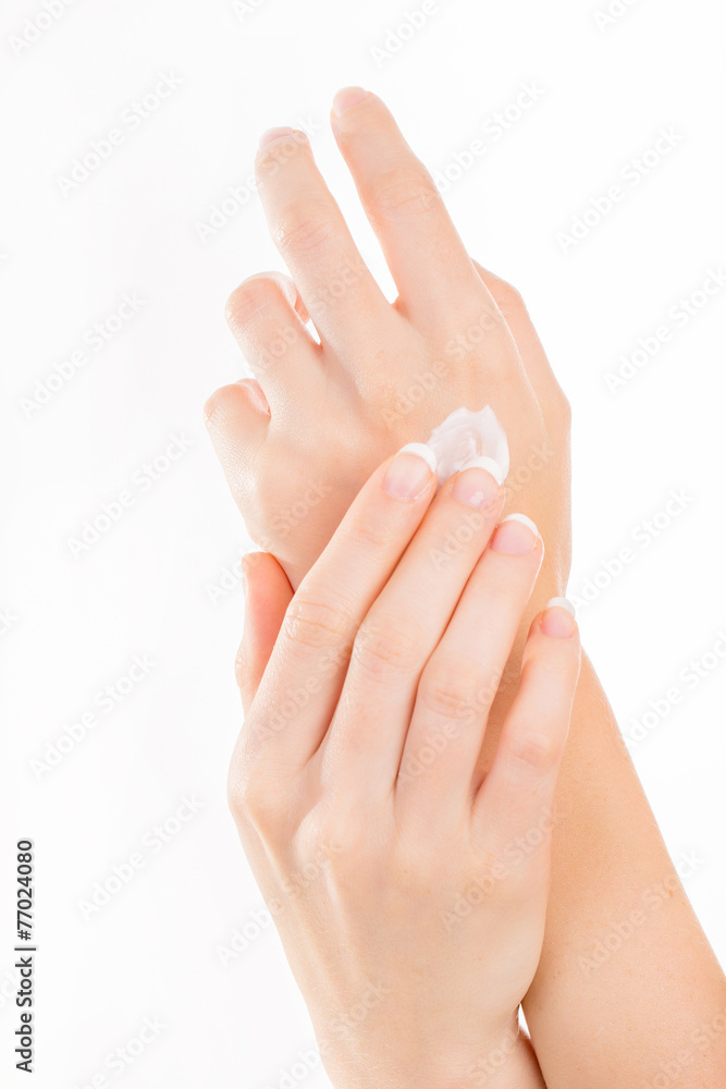 Beautiful young woman hands with cream, isolated on white Beautiful young woman hands with cream, isolated on white