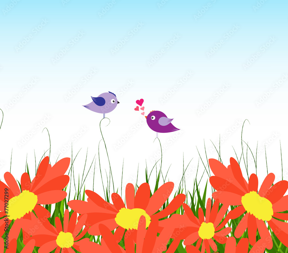 spring background with yellow sunflowers and couple bird lovely