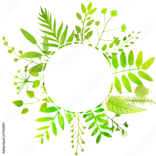 summer round frame with bright green leaves.