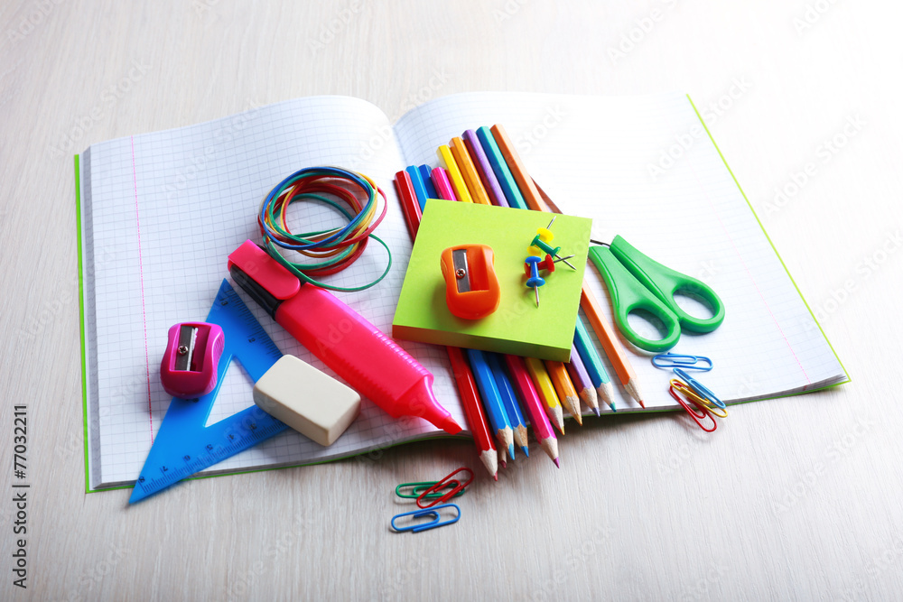 Fototapeta premium School supplies on desk, close-up