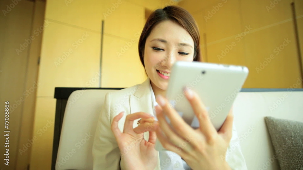Successful Asian Chinese Businesswoman Leisure Tablet Device Hotel Successful Asian Chinese Businesswoman Leisure Tablet Device Hotel
