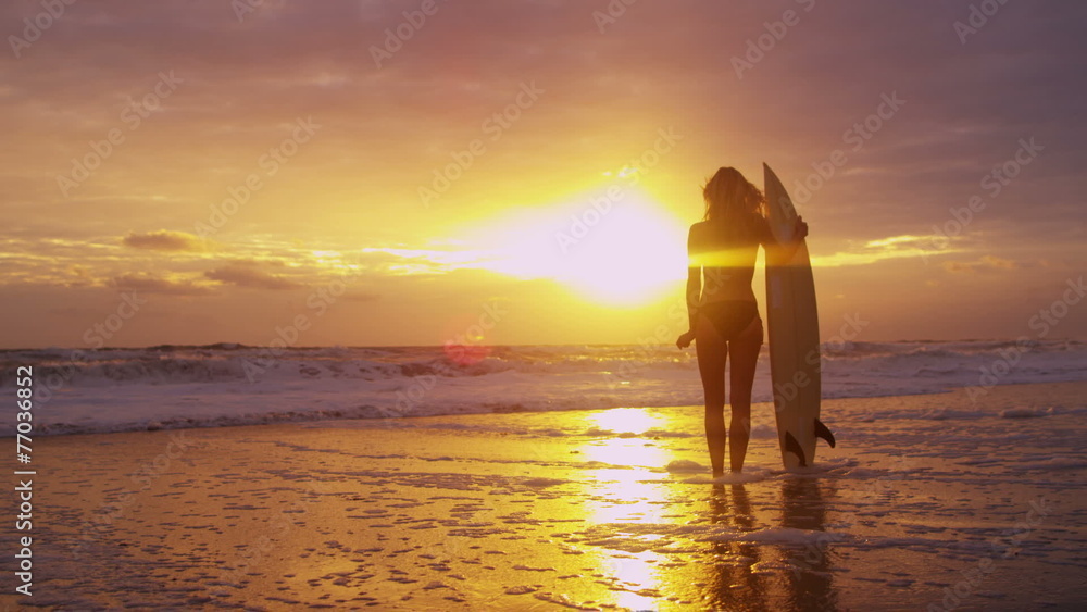 Young Caucasian Female Surfer Beach Ocean Shallows Young Caucasian Female Surfer Beach Ocean Shallows