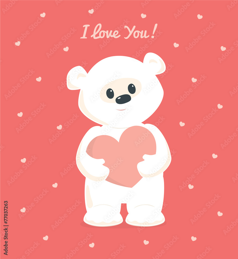 White teddy bear holding heart. I love you. White teddy bear holding heart. I love you.