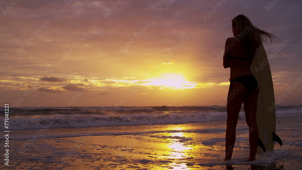 Solitary Caucasian Surfer Girl Waiting Waves Sunset Solitary Caucasian Surfer Girl Waiting Waves Sunset