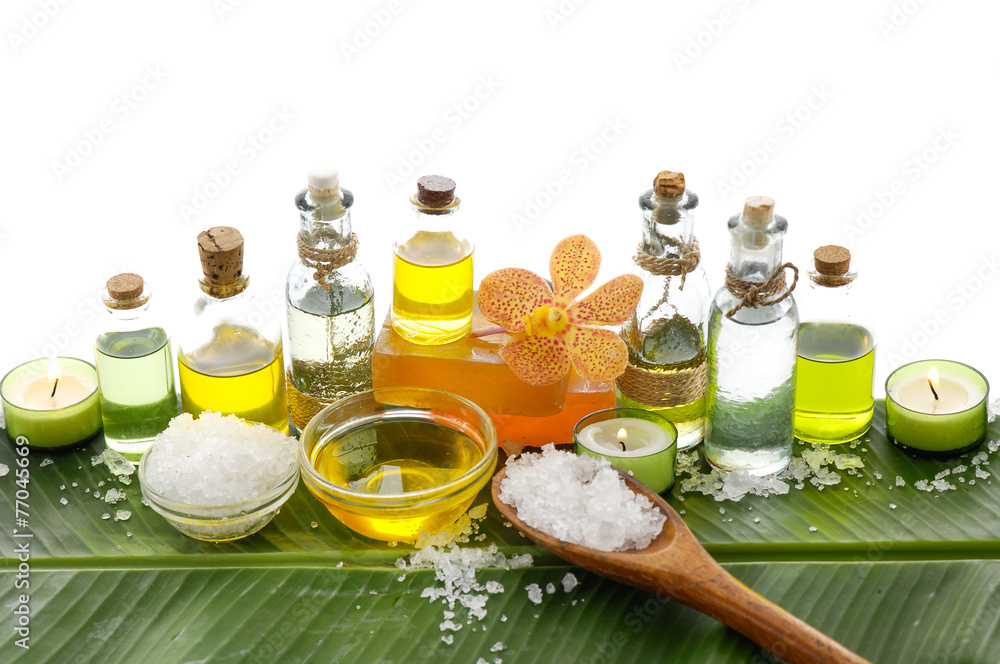 Spa set on banana leaf with pile of salt Spa set on banana leaf with pile of salt