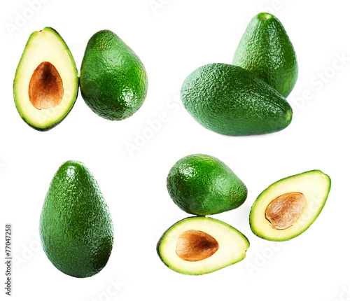 Fresh Avocado slice and whole ripe green avocado fruit isolated