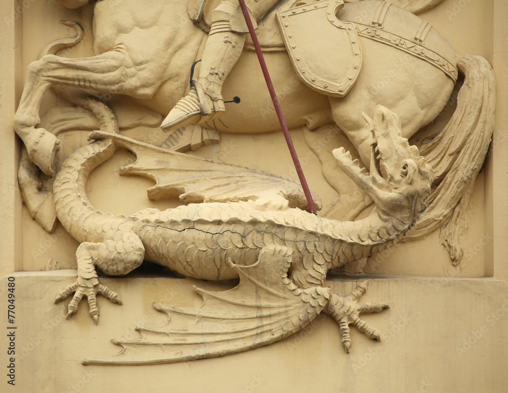 Fototapeta premium Saint George killing Dragon. Stucco decoration on Art Nouveau bu