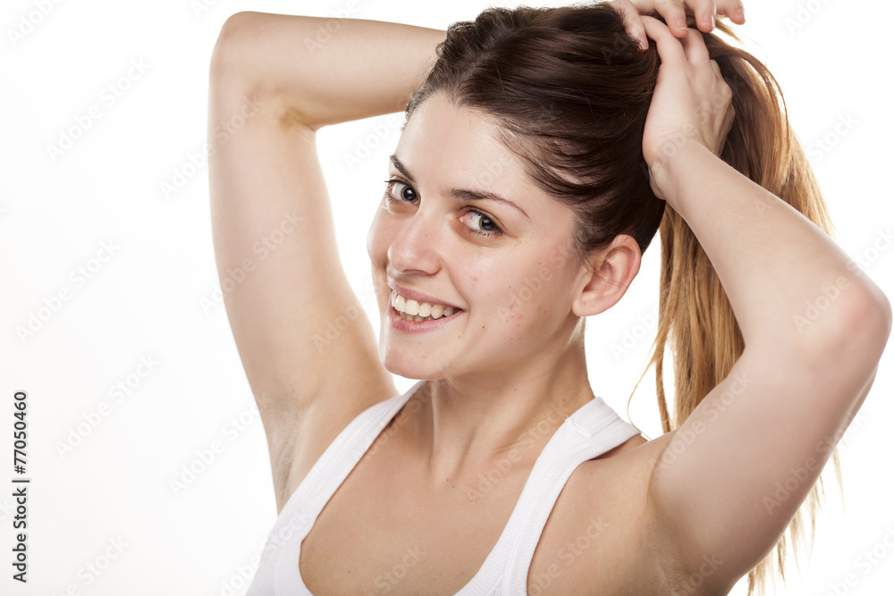 happy young woman on a white background happy young woman on a white background