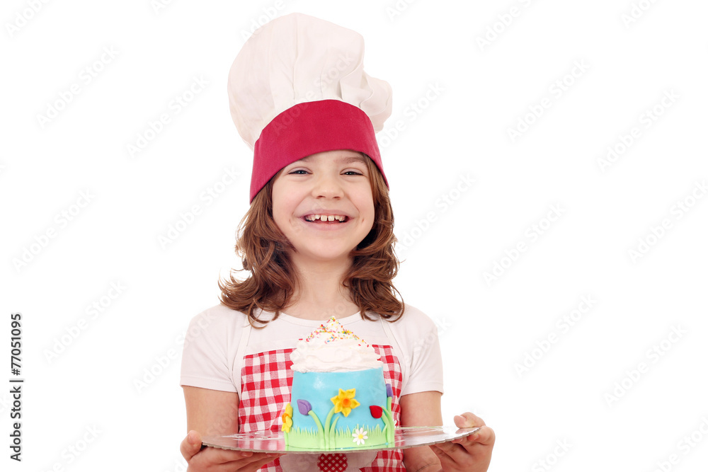 happy little girl cook with sweet cake happy little girl cook with sweet cake