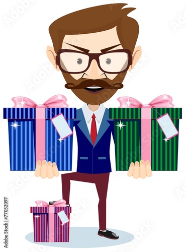 Businessman offering many gifts, vector illustration