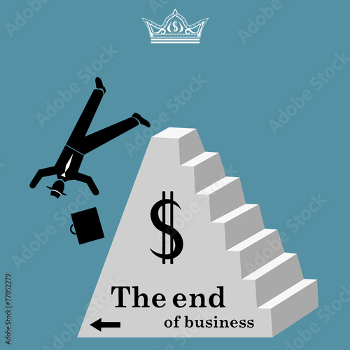 Businessman falls from pyramid. Bankruptcy
