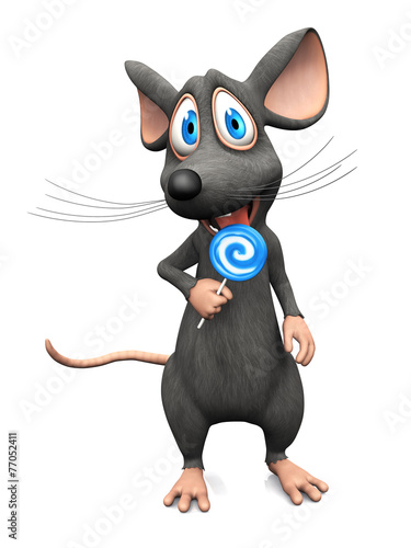 Smiling cartoon mouse licking a lollipop.